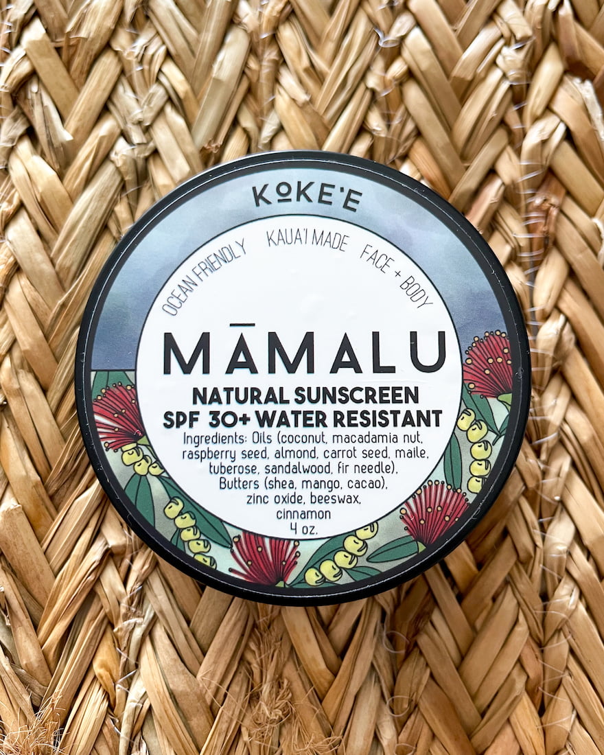A photo of Kauai made sunscreen called Māmalu Sunscreen against a weaved wicker backdrop.