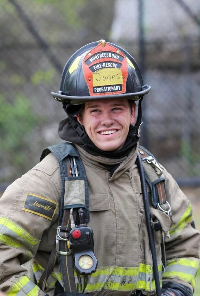 Tyler Jones in fire fighting gear